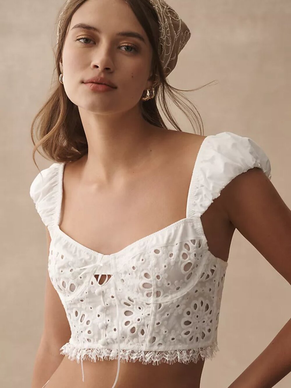Anthropologie Puff-Sleeve Eyelet Corset Top - White Size Small